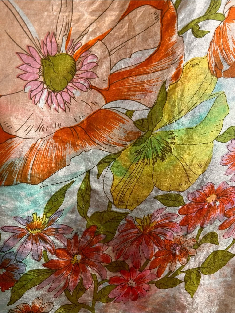 Vintage Silk Feel Scarf Watercolor Floral Botanical Rolled Edge Cottagecore 29”